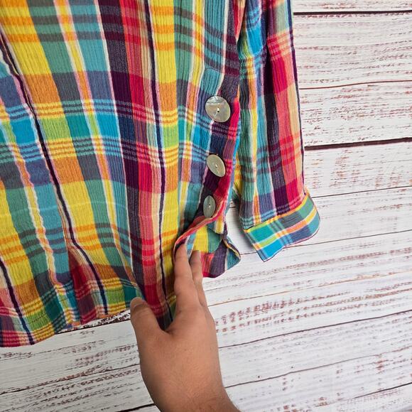 Soft Surroundings Kona Shores Plaid Button Shirt Sz PS Lace Detail Rainbow Color - Picture 7 of 13